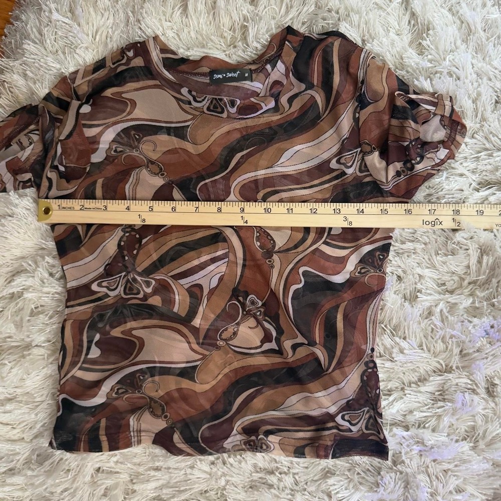 Brown‎ Fitted Abstract Swirls Butterfly Mesh Y2K Sheer Bodycon Baby Tee — Size M - Picture 6 of 8